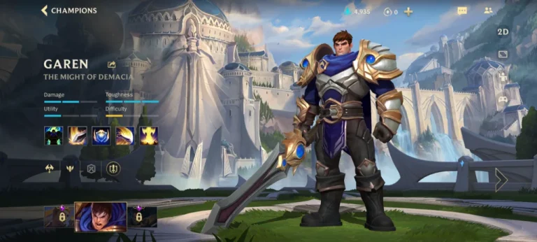 Al centro si staglia Garen, un guerriero imponente che indossa un'armatura pesante blu e argento con decorazioni dorate, mentre impugna una grande spada.