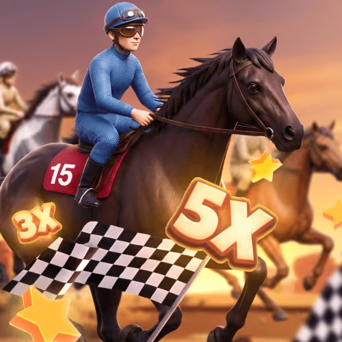 Illustration de style dessin animé 3D montrant un jockey en tenue bleue galopant sur un cheval brun foncé lors d'une course.