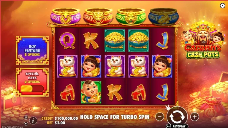 L'immagine mostra l'interfaccia di una slot machine online intitolata "Caishen's Cash Pots", sviluppata da Pragmatic Play.