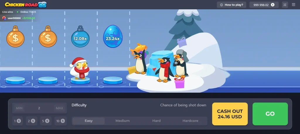 Una schermata del gioco online "Chicken Road ICE" con un personaggio pollo vestito da Babbo Natale su un percorso ghiacciato verso pinguini con regali.