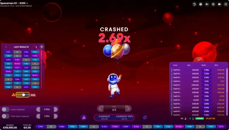 L'immagine mostra un momento conclusivo del gioco online Spaceman, dove il round è terminato.