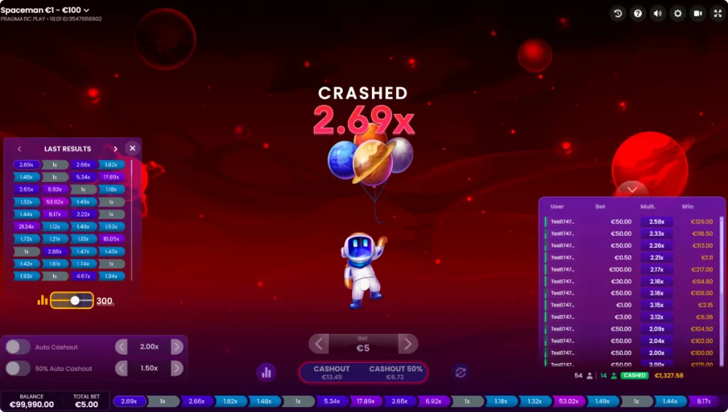 L'immagine mostra un momento conclusivo del gioco online Spaceman, dove il round è terminato.
