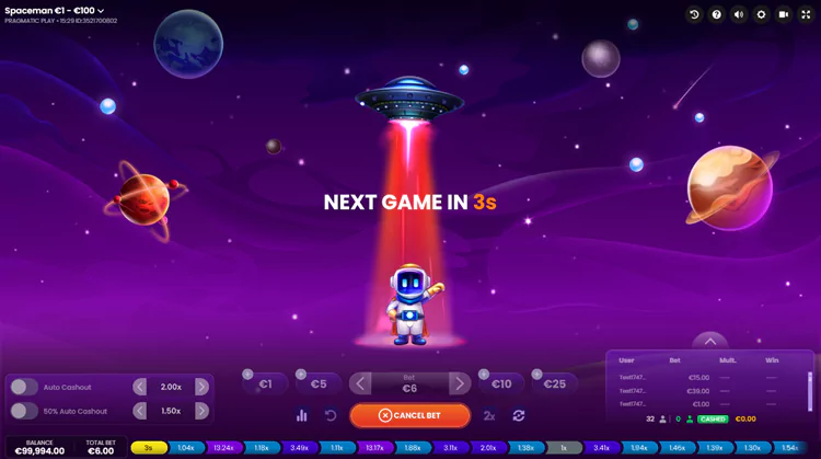 L'immagine mostra l'interfaccia utente del gioco d'azzardo online di tipo "crash" intitolato Spaceman, sviluppato da Pragmatic Play.